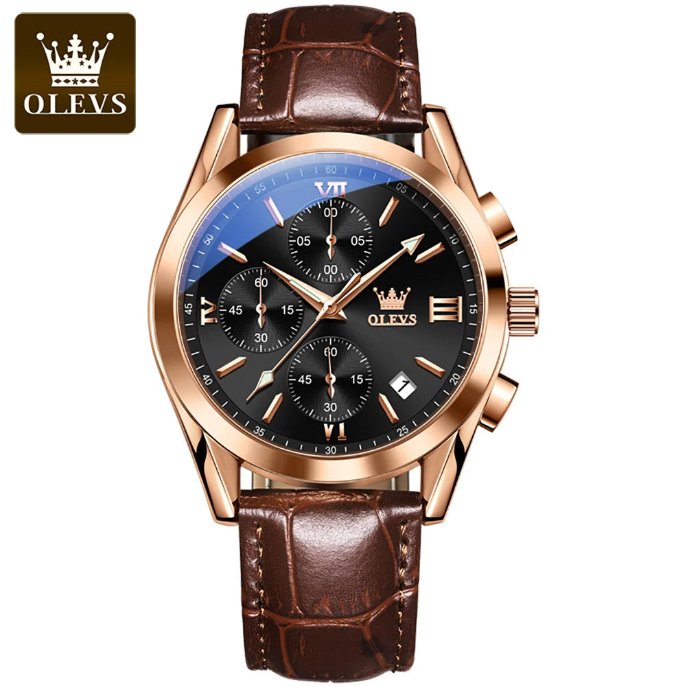 OLEVS Nuevo reloj de moda para hombre con correa de cuero marrón. Reloj impermeable con movimiento de cuarzo deportivo informal para hombre Orologio da uomo 2872