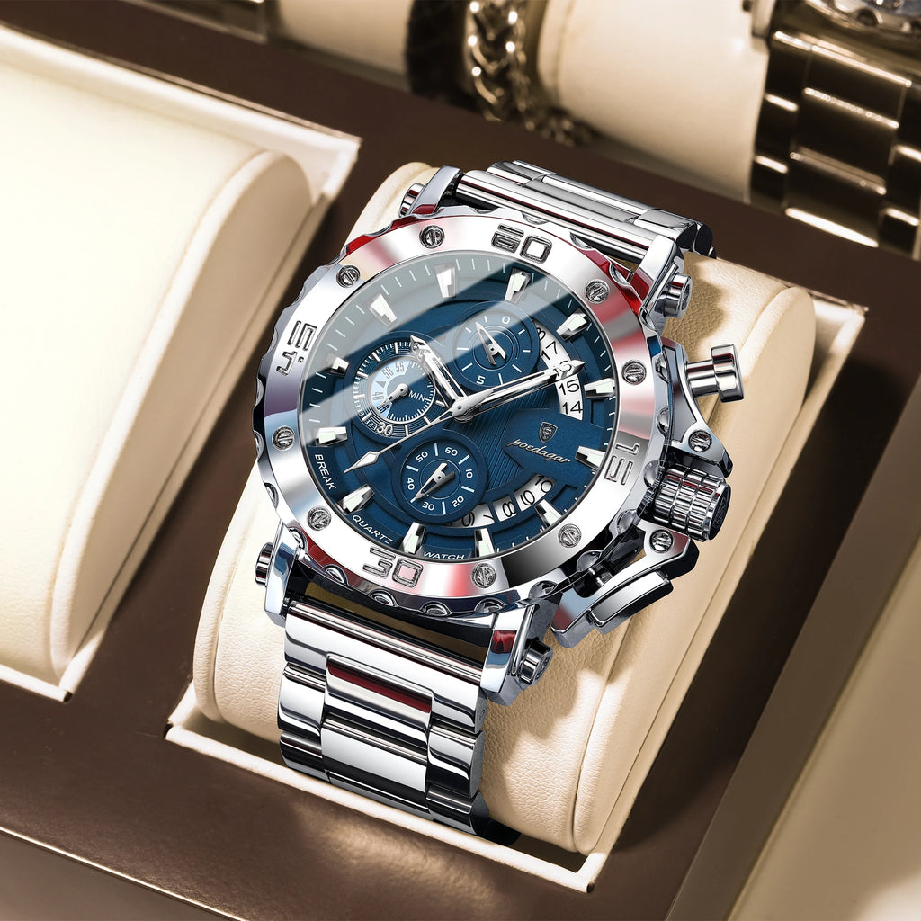 Reloj POEDAGAR de lujo para hombre, calendario luminoso, resistente al agua, Reloj para hombre, cronógrafo masculino, relojes de cuarzo de acero inoxidable para hombre