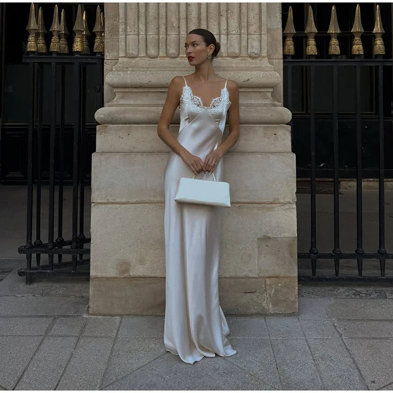Vestido largo elegante de encaje con retazos para mujer, vestido Sexy con cuello en V sin mangas y espalda descubierta de satén, vestido largo ajustado, vestidos de fiesta de noche para mujer 2025