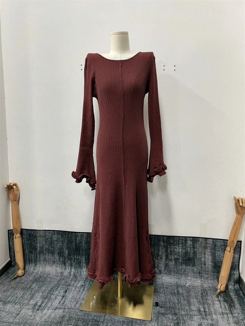 2025 elegante vestido con volantes y cordones Para Mujer, vestido acanalado de manga larga a la moda, Vestidos largos Para Mujer, Vestidos Para ir al trabajo Para Mujer