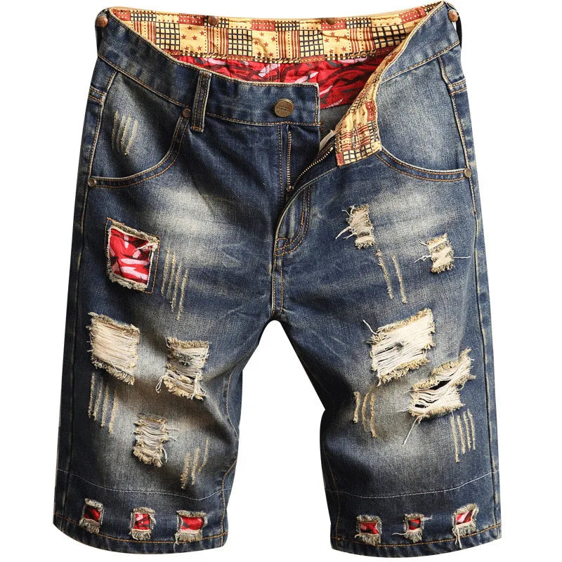Vintage Hole Men Jeans Shorts Distressed Denim Knee Length Pockets Cuffed Patchwork Skinny Washed Ripped Punk Style Mid Waist 2024