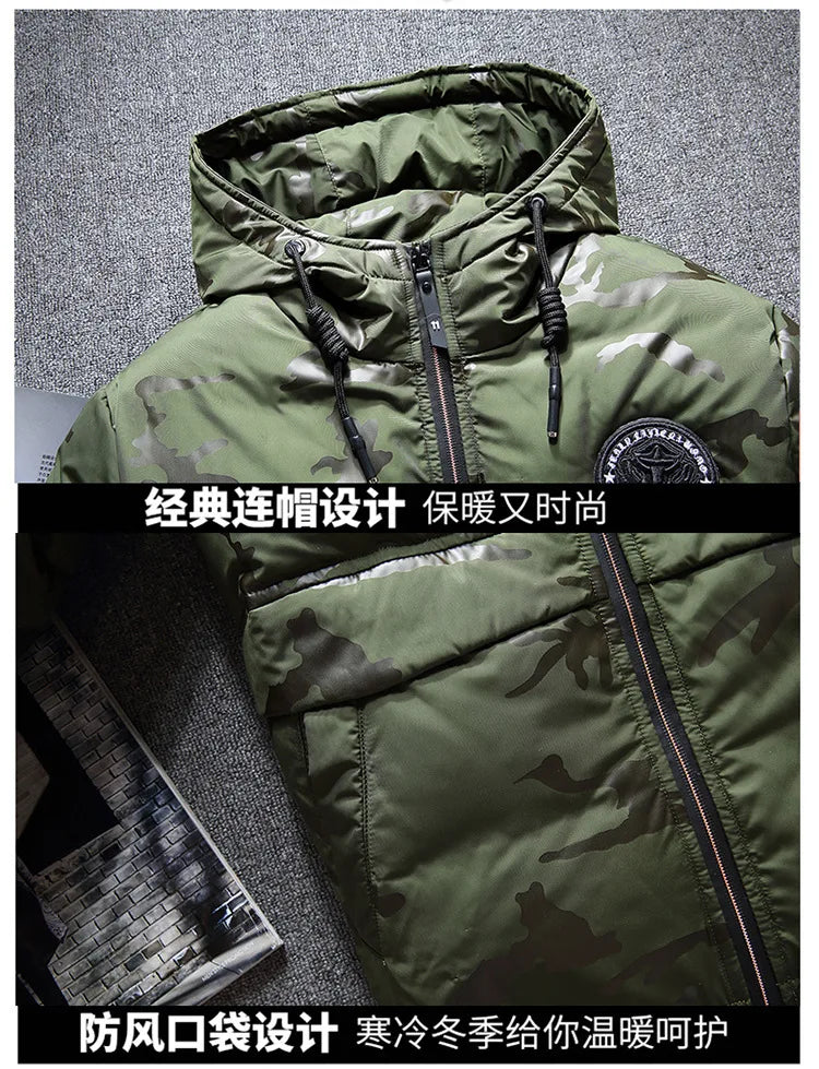 Parkas de invierno de alta calidad para hombre, cortavientos, Parkas de plumón de pato blanco, chaquetas cálidas gruesas con capucha de camuflaje para nieve, abrigo