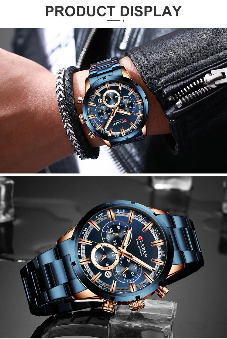 Reloj de pulsera CURREN de Cuero militar de lujo de la mejor marca, relojes deportivos informales para hombres, reloj de pulsera azul para hombre, reloj de pulsera cronógrafo de moda