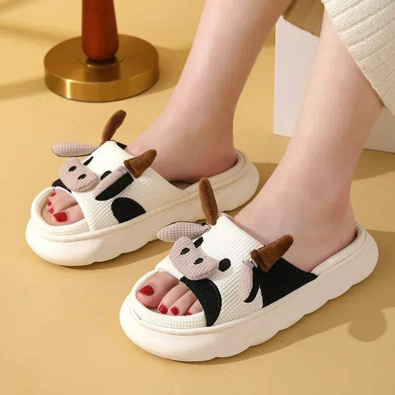 Zapatillas de lino de vaca con dibujos animados, sandalias universales de lino y algodón antideslizantes para interior del hogar, para las cuatro estaciones, 2024