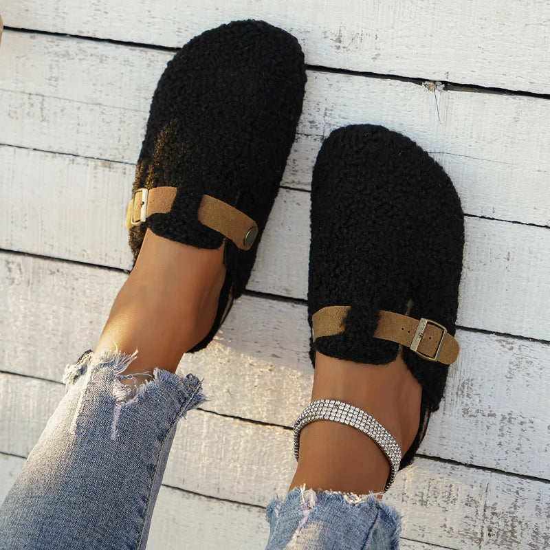 Zapatillas de mujer, zapatos de piel para mujer, novedad de invierno, zapatos planos con hebilla, plataforma para caminar, chanclas de felpa para mujer, botas interiores cálidas informales para mujer