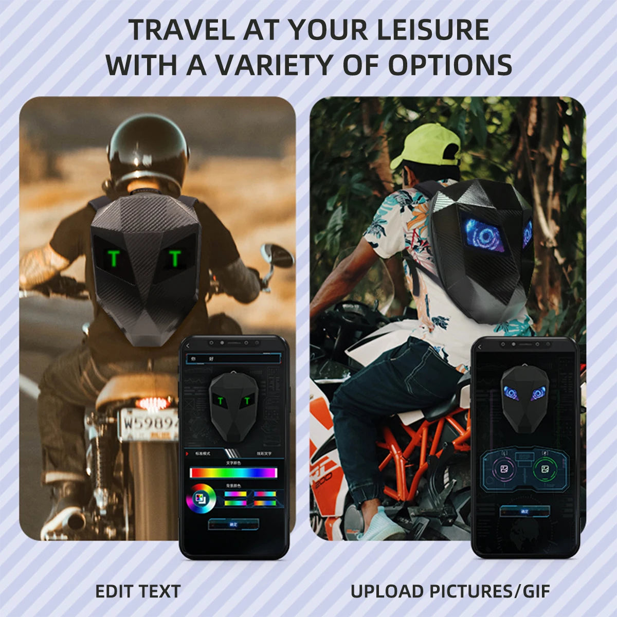 Mochila LED para motociclista, diseño de ojos brillantes, textura de fibra de carbono, casco, locomotora, mochila escolar, mochila para ordenador portátil de Moto