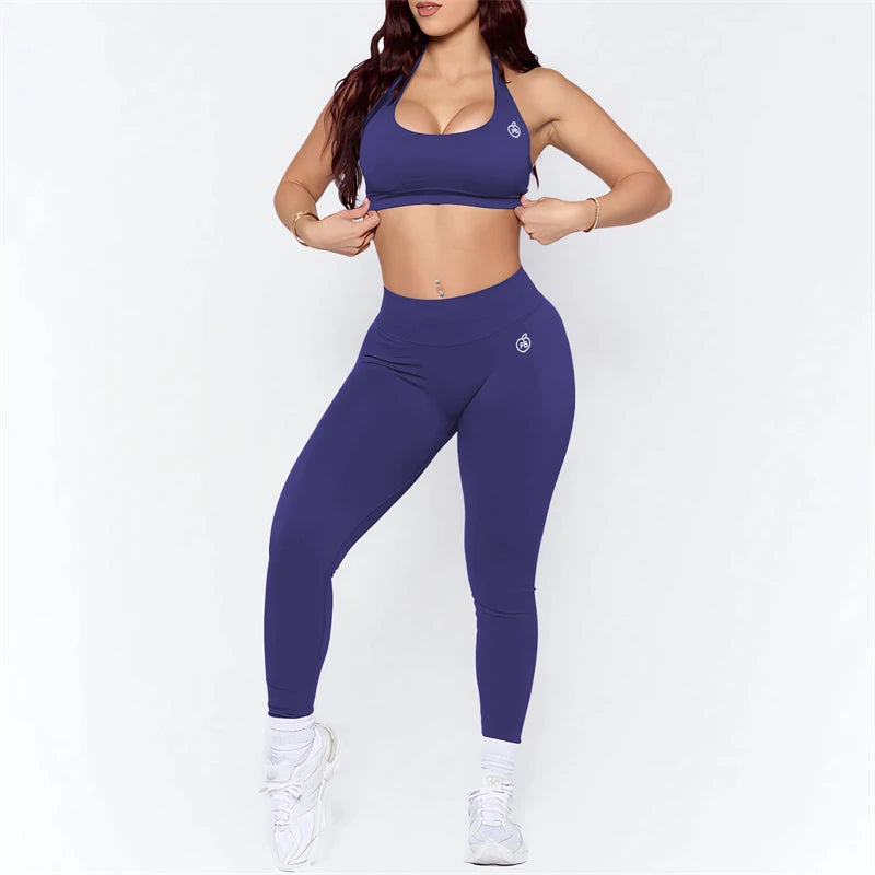 Bum-Conjuntos de Yoga para mujer, mallas moldeadoras con fruncido en la parte de atrás y Sujetador deportivo de impacto, trajes sin costuras, conjunto de sujetador Halter Sexy para gimnasio, 2025