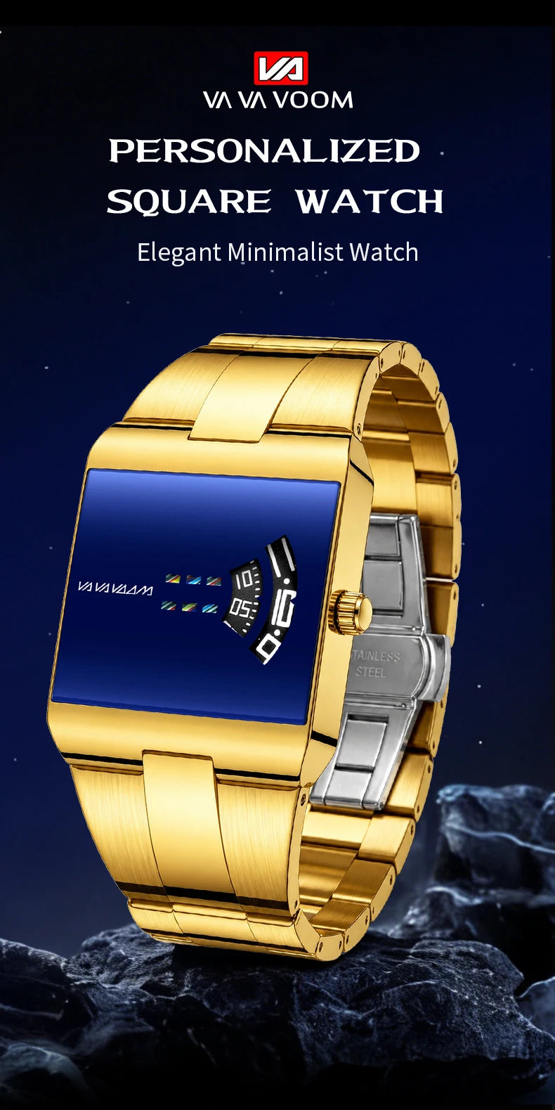 Reloj de cuarzo cuadrado clásico VA VA VOOM con esfera dorada creativa, diseño de moda para hombre, reloj de acero de superficie de gran venta para hombre.