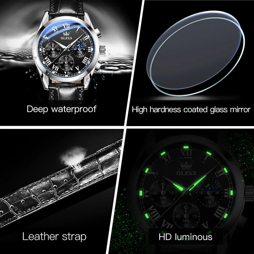 OLEVS 2871 reloj de cuarzo para hombre de la mejor marca, reloj de negocios noctilucente resistente al agua de lujo, correa de cuero, reloj de fase lunar, reloj Masculino