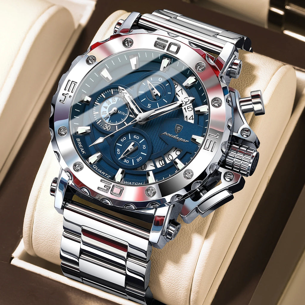 Reloj POEDAGAR de lujo para hombre, calendario luminoso, resistente al agua, Reloj para hombre, cronógrafo masculino, relojes de cuarzo de acero inoxidable para hombre