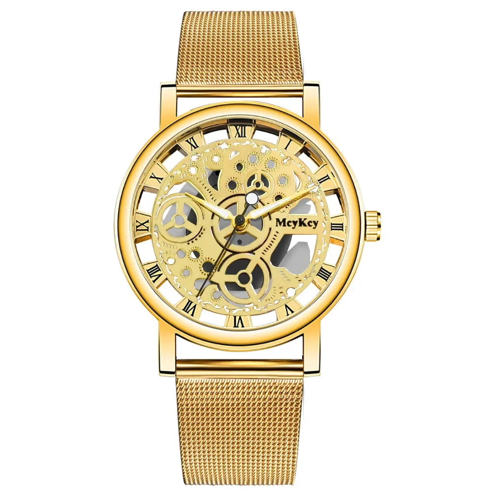 Top de moda para mujer, reloj mecánico de imitación con esqueleto hueco, relojes de pulsera de cuarzo de malla metálica para mujer, reloj femenino