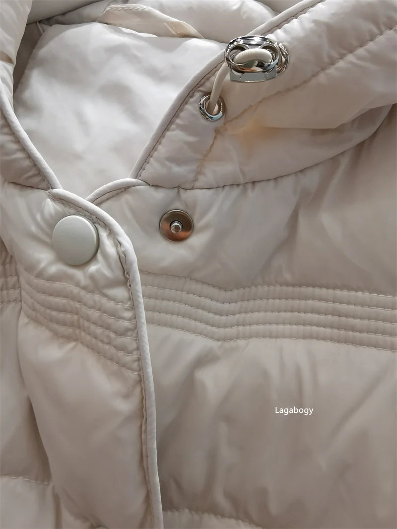 Lagabogy-abrigo holgado de plumón de pato blanco para mujer, Tops Vintage de un solo pecho, chaqueta acolchada cálida con capucha y bolsillo para mujer, exterior, 2025