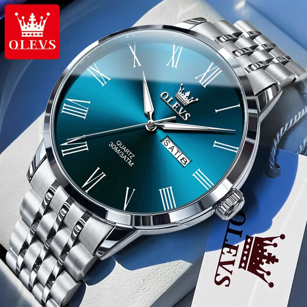 OLEVS, reloj minimalista de negocios de acero inoxidable para hombre, manecillas luminosas de lujo, calendario a escala romana, relojes de cuarzo resistentes al agua para hombre