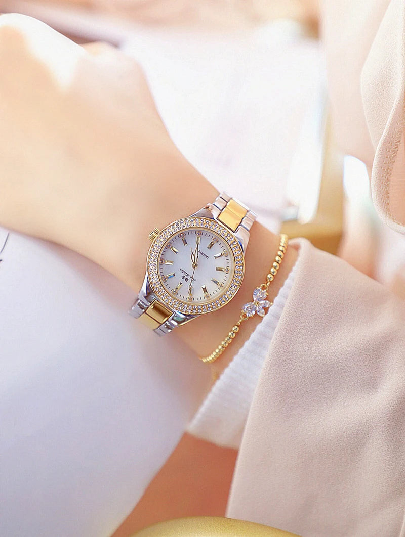 Relojes de pulsera de acero inoxidable para mujer, reloj dorado con diamantes de cristal, plateado