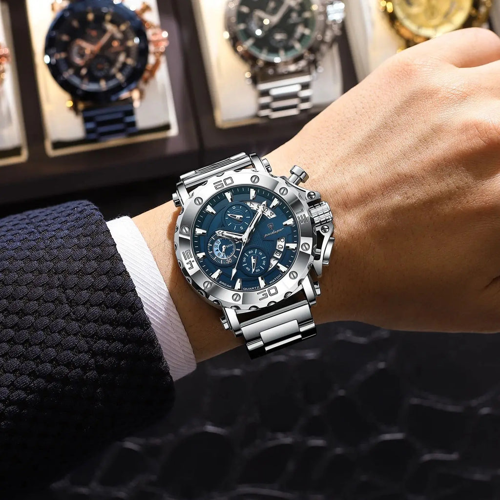 Reloj POEDAGAR de lujo para hombre, calendario luminoso, resistente al agua, Reloj para hombre, cronógrafo masculino, relojes de cuarzo de acero inoxidable para hombre