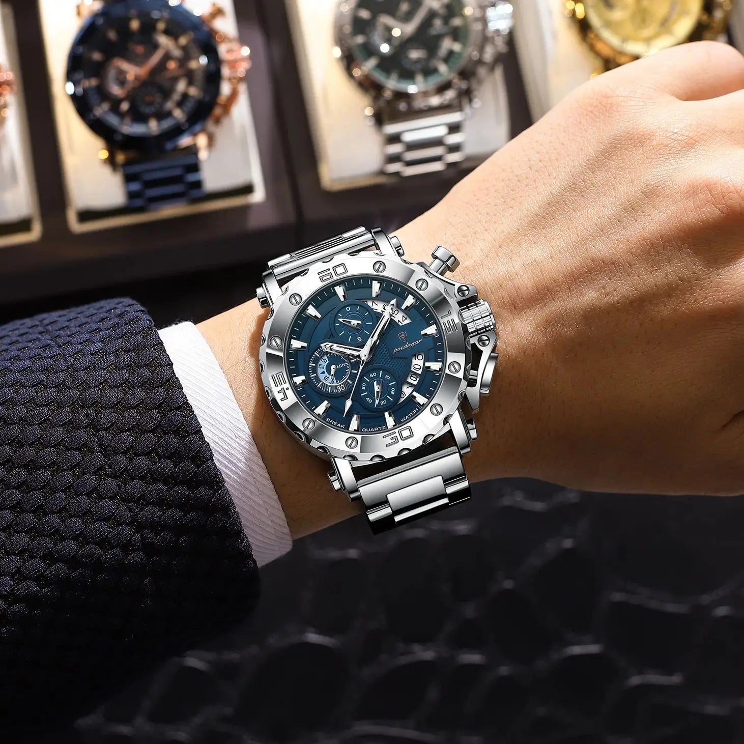 Reloj POEDAGAR de lujo para hombre, calendario luminoso, resistente al agua, Reloj para hombre, cronógrafo masculino, relojes de cuarzo de acero inoxidable para hombre