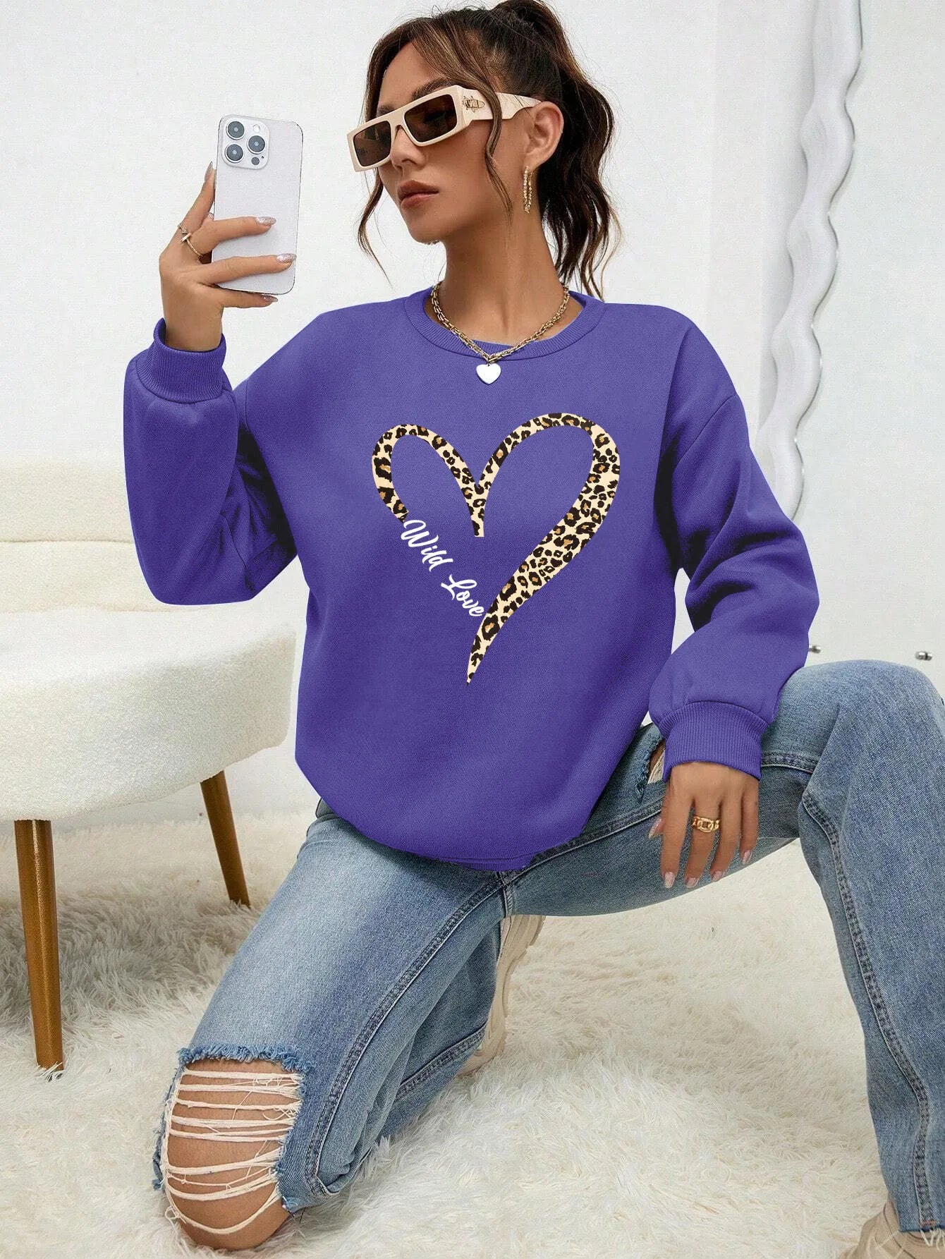 Women's Leopard Wild Heart Print Sweatshirt, Street Skin Lined Jumpers, Hipster Clothing, All-Match Crew Neck Tracksuit