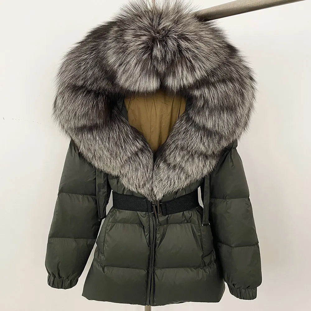 OFTBUY 2025 nueva ropa de invierno para mujer, abrigo de plumón de pato blanco, chaqueta con capucha de piel de zorro Natural, chaqueta acolchada cálida a la moda para mujer