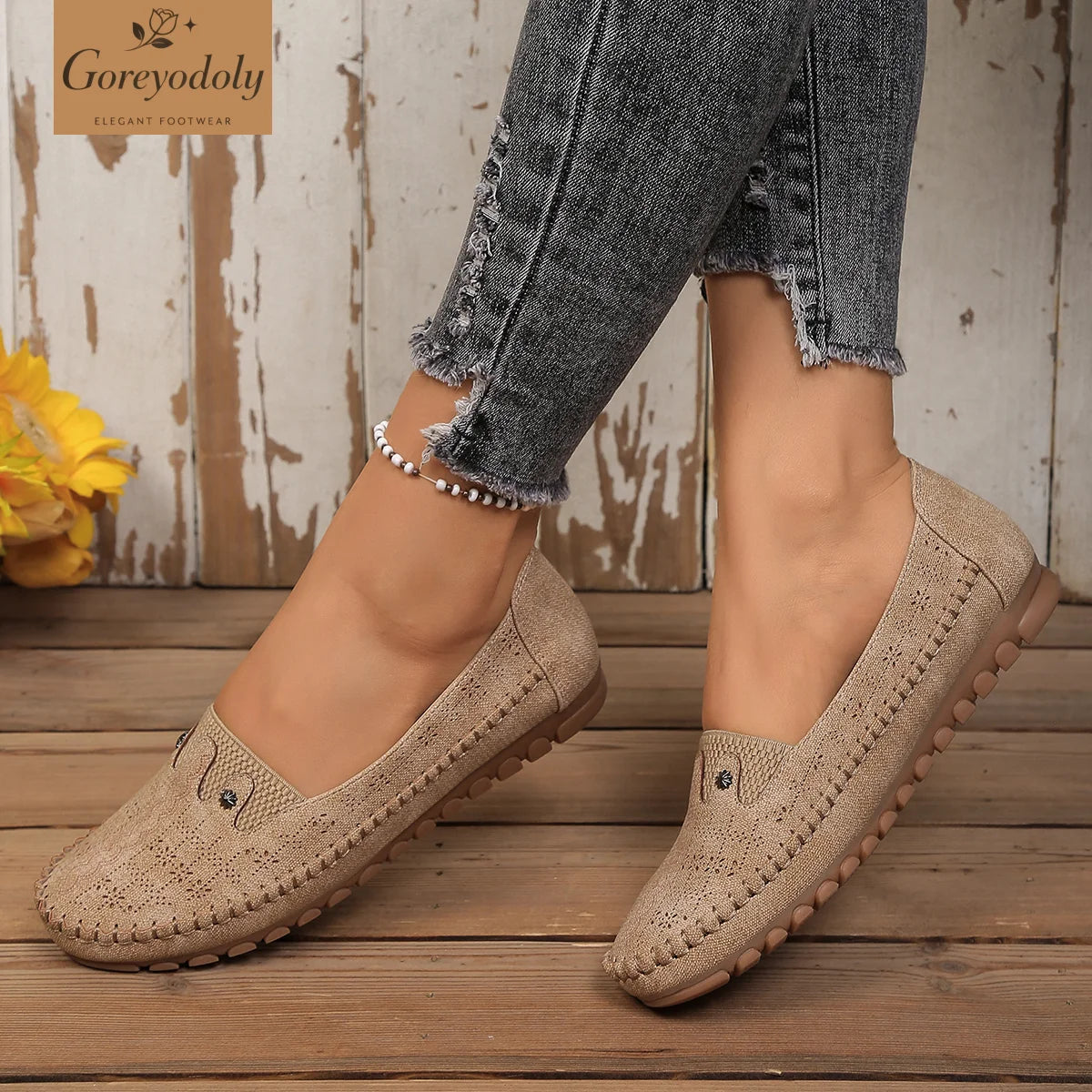 Goreyodoly, mocasines para mujer, diseño floral hueco, zapatos planos sin cordones, transpirables, ligeros, informales, para caminar, suaves y antideslizantes