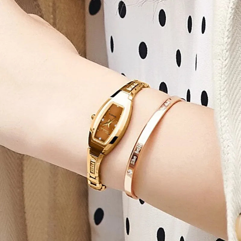 Watch for Women Small Ladies Wristwatches Golden Retro Vintage Steel Bracelet Watch Black Quartz Wristwatches Reloj Mujer