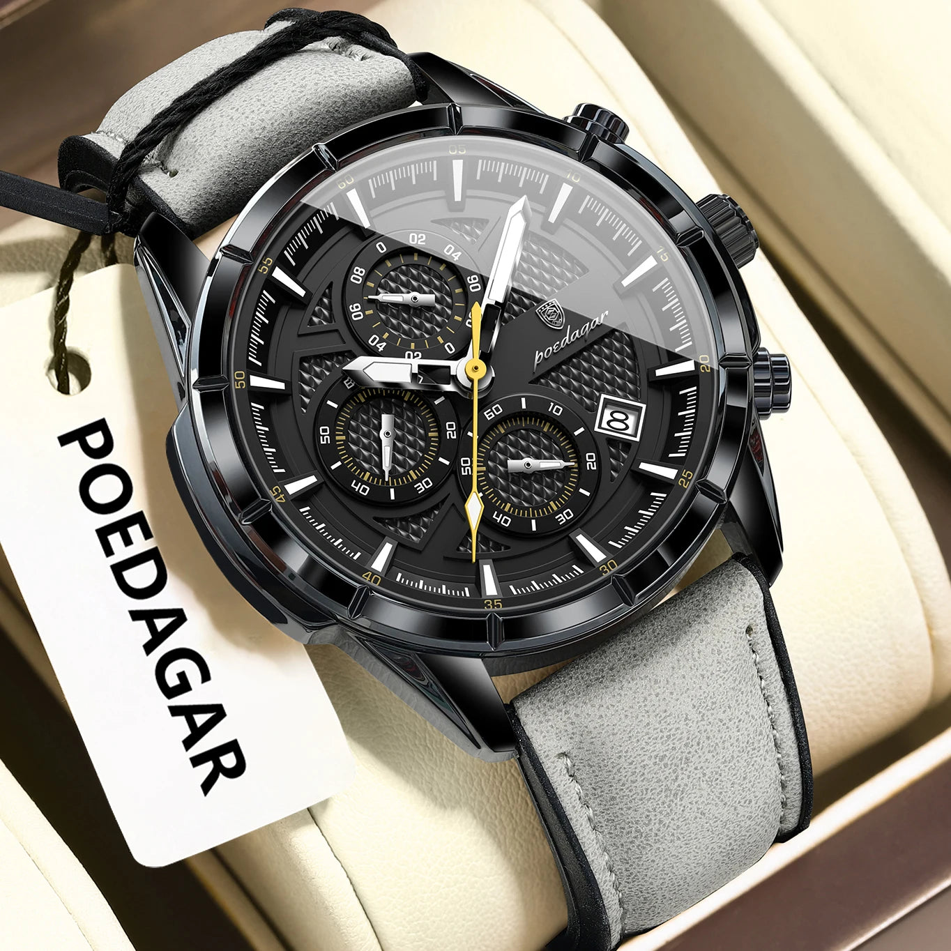 Reloj de pulsera POEDAGAR de lujo para hombre, relojes de cuarzo de cuero originales para hombre, cronógrafo con fecha, reloj luminoso resistente al agua para hombre + caja