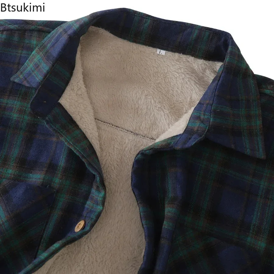 New2026 Chaqueta de lana a cuadros para hombre, Otoño Invierno, cuello vuelto, botón, camisa gruesa, chaqueta para hombre, chaqueta informal, camisas