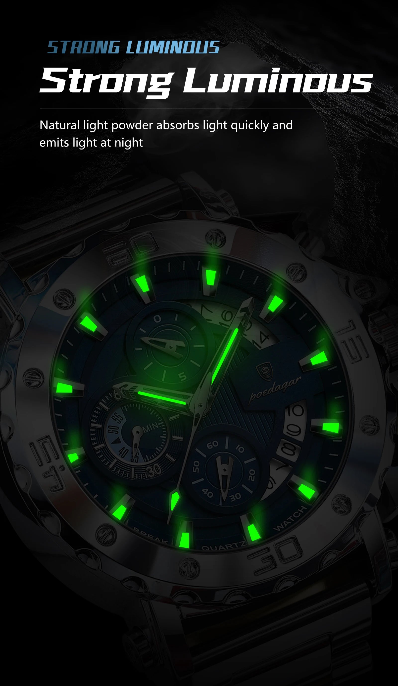 Reloj POEDAGAR de lujo para hombre, calendario luminoso, resistente al agua, Reloj para hombre, cronógrafo masculino, relojes de cuarzo de acero inoxidable para hombre