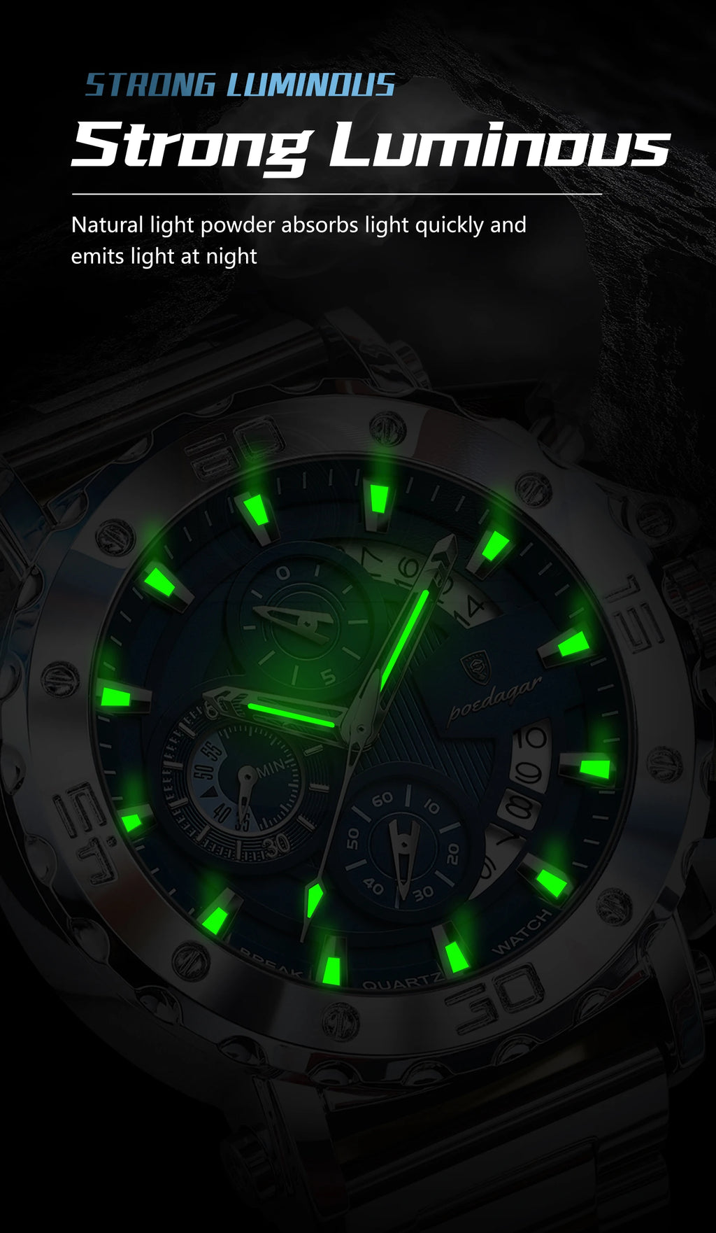 Reloj POEDAGAR de lujo para hombre, calendario luminoso, resistente al agua, Reloj para hombre, cronógrafo masculino, relojes de cuarzo de acero inoxidable para hombre