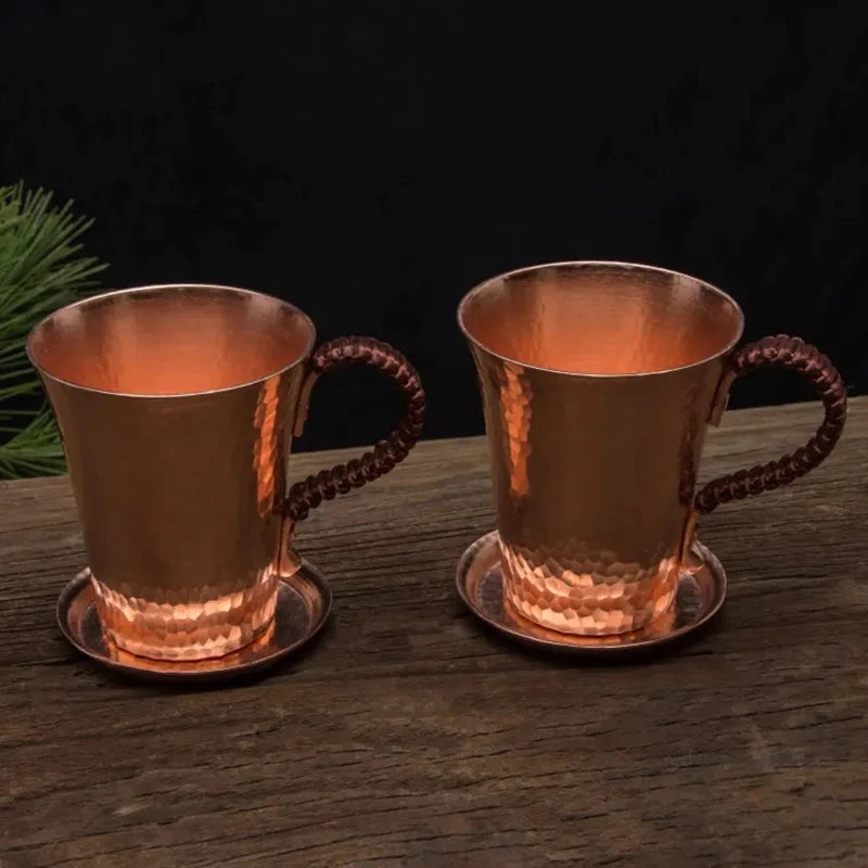Taza de café y tapa de cerveza de cobre puro, taza de leche con disco, mango tejido Retro hecho a mano, vasos para beber de 350ml, regalos para parejas