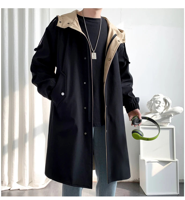 Gabardina para hombre, gabardina con capucha a la moda, otoño, longitud media, cortavientos holgado de un solo pecho, abrigo informal falso de dos piezas