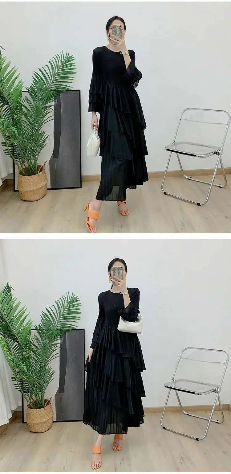 GVUW, vestido plisado para mujer, manga acampanada completa, línea A, volantes empalmados, cuello redondo, fiesta de noche, ropa elegante para mujer 17G4475