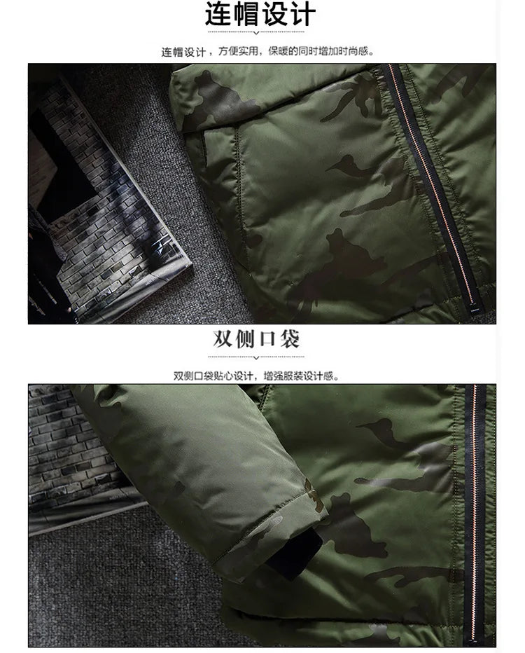 Parkas de invierno de alta calidad para hombre, cortavientos, Parkas de plumón de pato blanco, chaquetas cálidas gruesas con capucha de camuflaje para nieve, abrigo