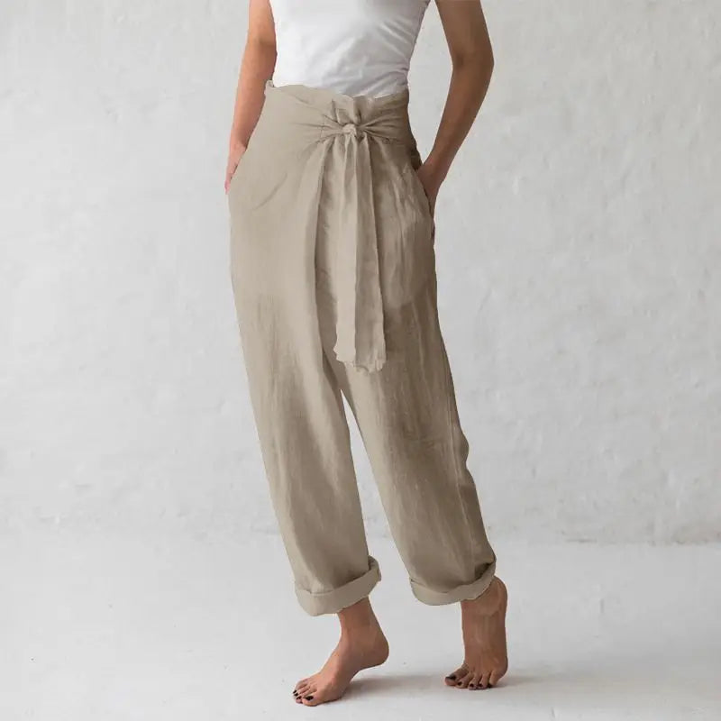 Pantalones informales con bolsillo para mujer, Color sólido, elásticos, con encuadernación, línea de algodón elegante, cintura alta, verano 2024
