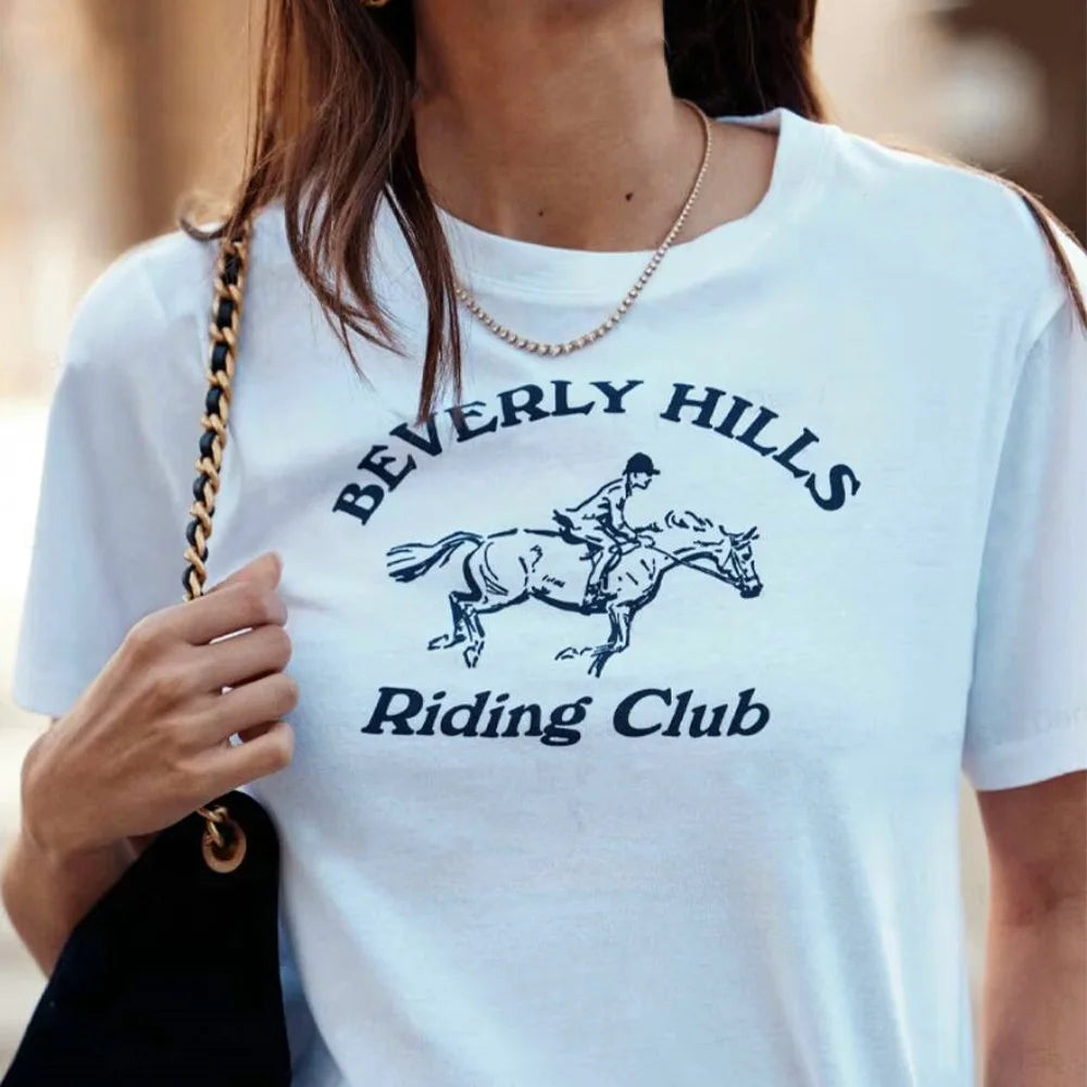 Beverly Hills Riding Club-camisetas con estampado blanco Retro americano para mujer, camisetas informales holgadas de manga corta, camisetas nuevas Ins Fashion 2025