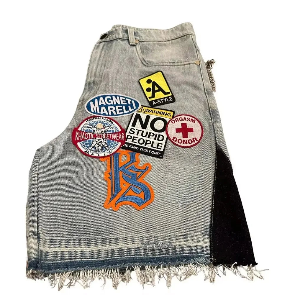 Ropa de calle, pantalones cortos vaqueros holgados de Fitness para hombres y mujeres, pantalones cortos vaqueros con parche gráfico de dibujos animados Harajuku Hip Hop, pantalones cortos góticos Retro azules
