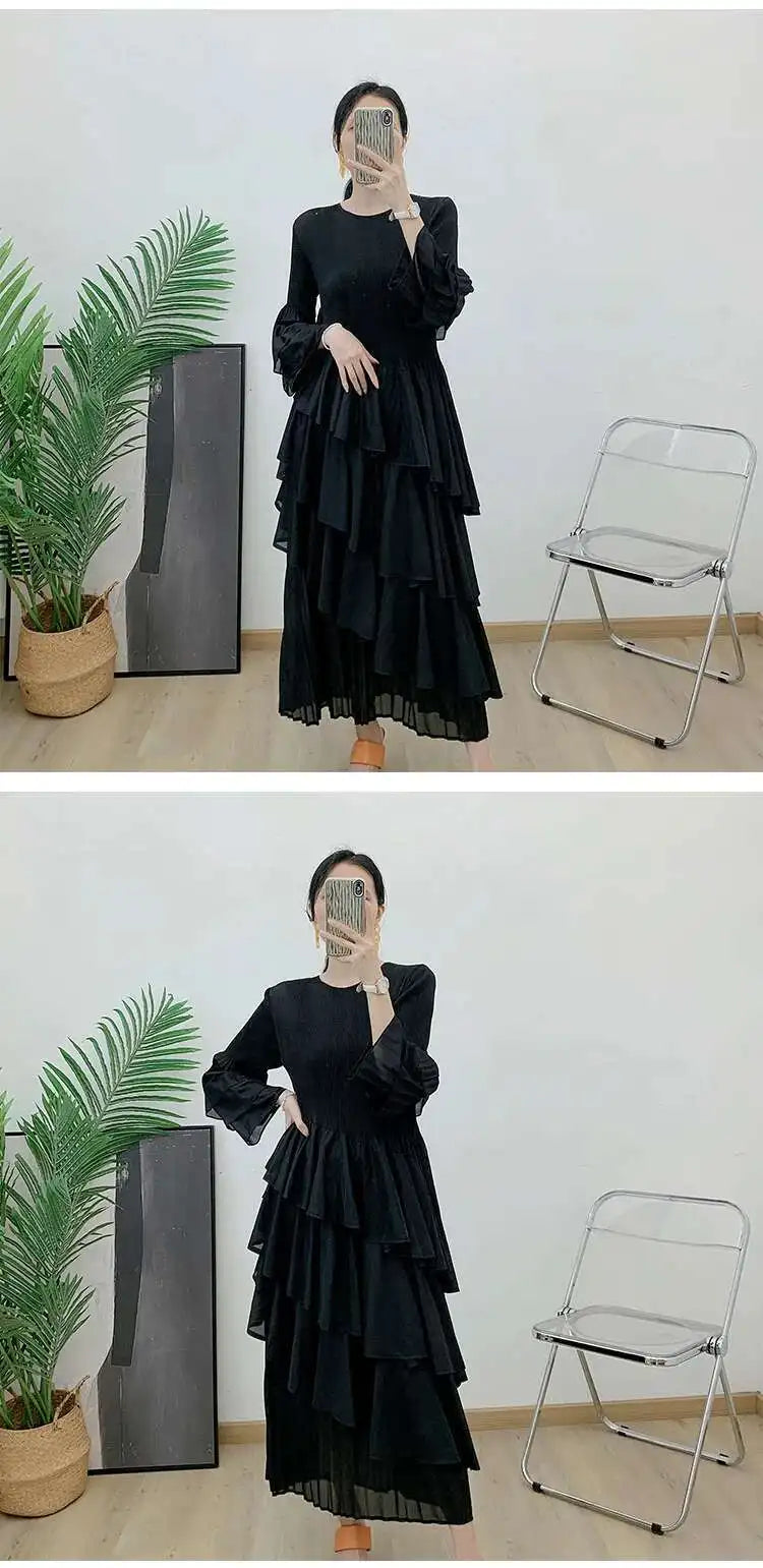 GVUW, vestido plisado para mujer, manga acampanada completa, línea A, volantes empalmados, cuello redondo, fiesta de noche, ropa elegante para mujer 17G4475