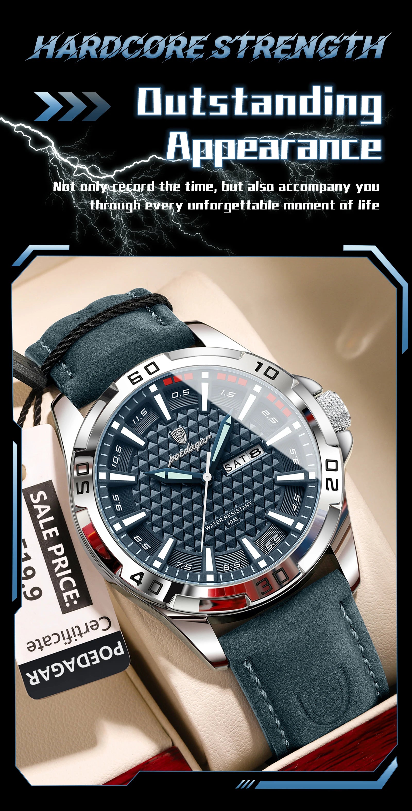 Reloj de pulsera POEDAGAR Original para hombre, Reloj de lujo resistente al agua con fecha luminosa y semana para hombre, relojes deportivos de cuero de cuarzo para hombre