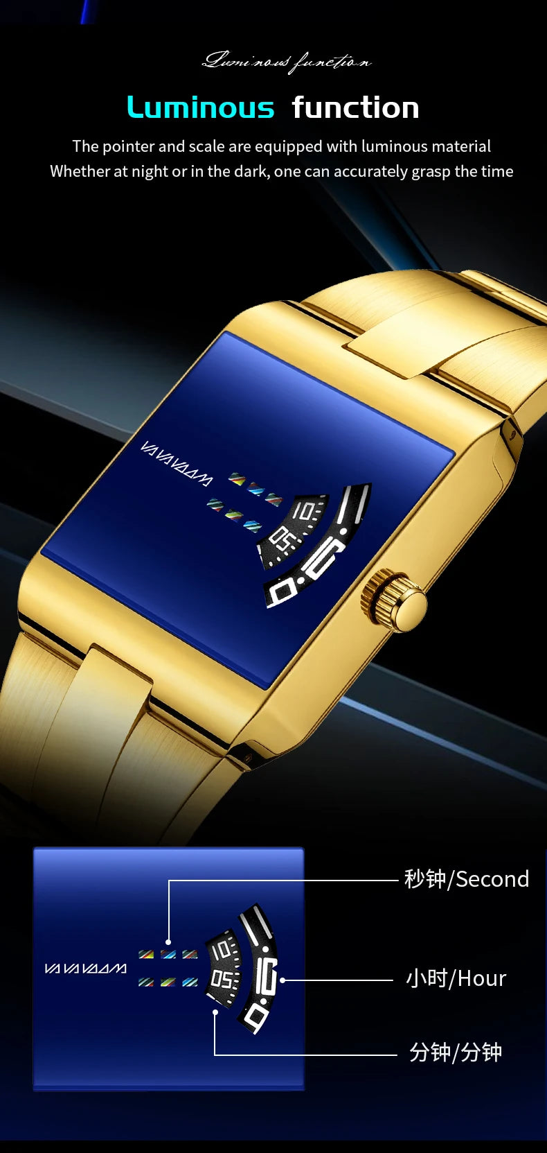 Reloj de cuarzo cuadrado clásico VA VA VOOM con esfera dorada creativa, diseño de moda para hombre, reloj de acero de superficie de gran venta para hombre.