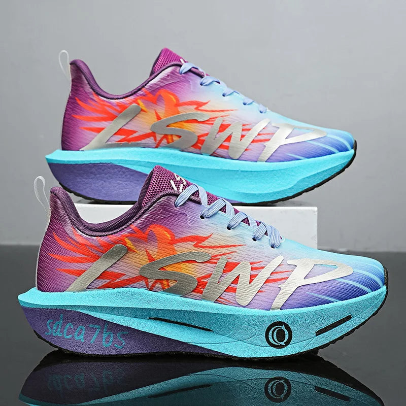 Zapatillas para correr unisex ligeras y transpirables - Tecnología de placa de carbono completa, combinación de colores blanco/azul/naranja, diseño de malla de caña baja, adecuadas para maratón, carreras de velocidad y u
