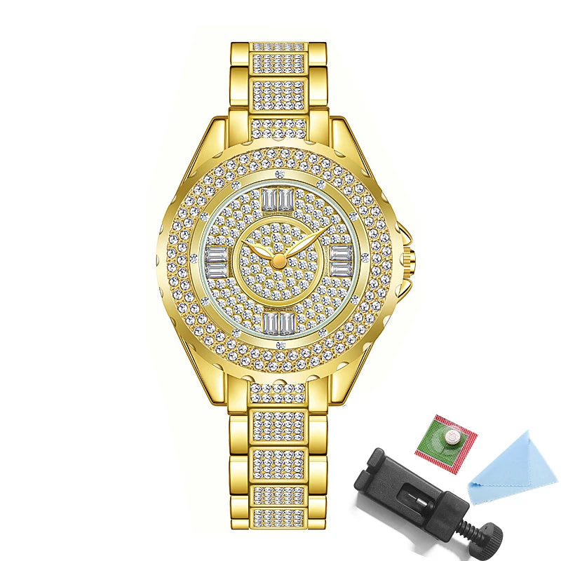 2025 relojes de diamantes de cristal para mujer, reloj elegante Original de oro para mujer con conjunto de pulsera, regalo de oro rosa para novia y esposa