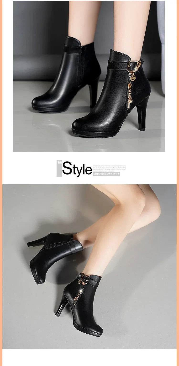 Botas cortas sexis de tacón alto con punta redonda para mujer, moda de invierno, nuevo estilo, diseño Simple, tacón fino, cierre de cremallera, Color sólido