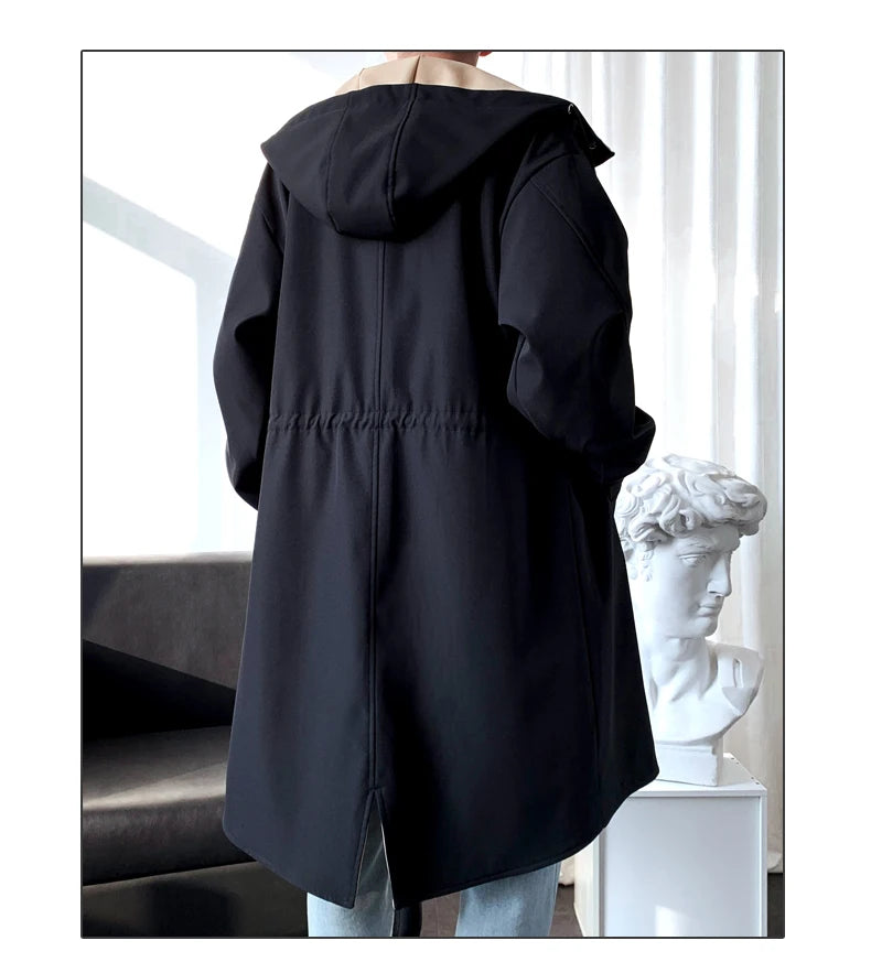Gabardina para hombre, gabardina con capucha a la moda, otoño, longitud media, cortavientos holgado de un solo pecho, abrigo informal falso de dos piezas