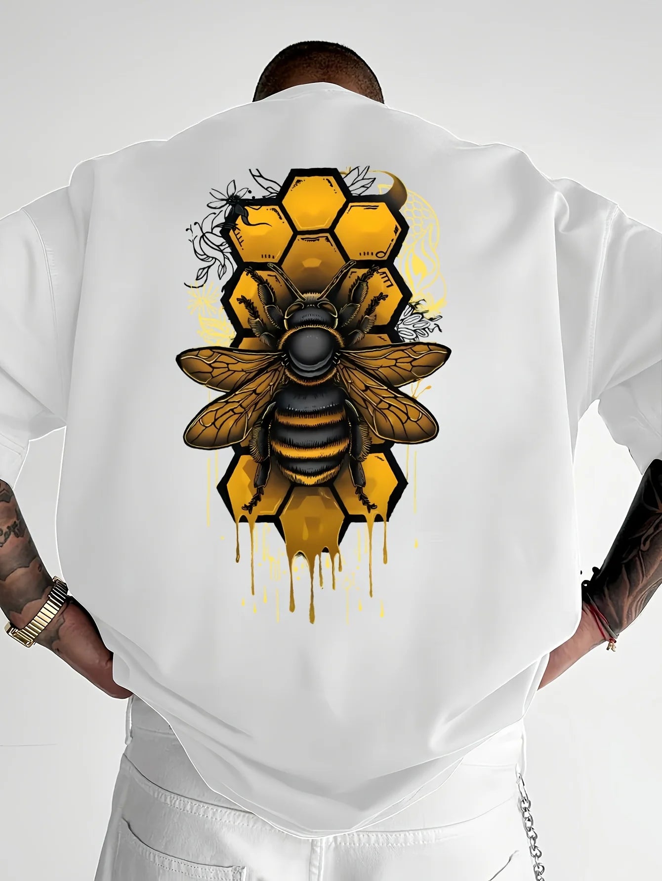 Camiseta de manga corta con cuello redondo y estampado de abeja deportiva holgada informal a la moda de algodón puro 100% para hombre