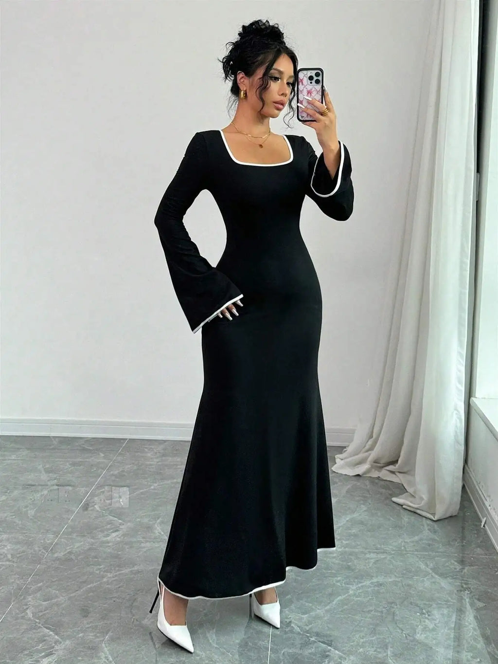 Vestido Elegante con Cuello Cuadrado y Bloques de Color, Estilo Delgado y Femenino, Vestido Casual de Moda para Mujer
