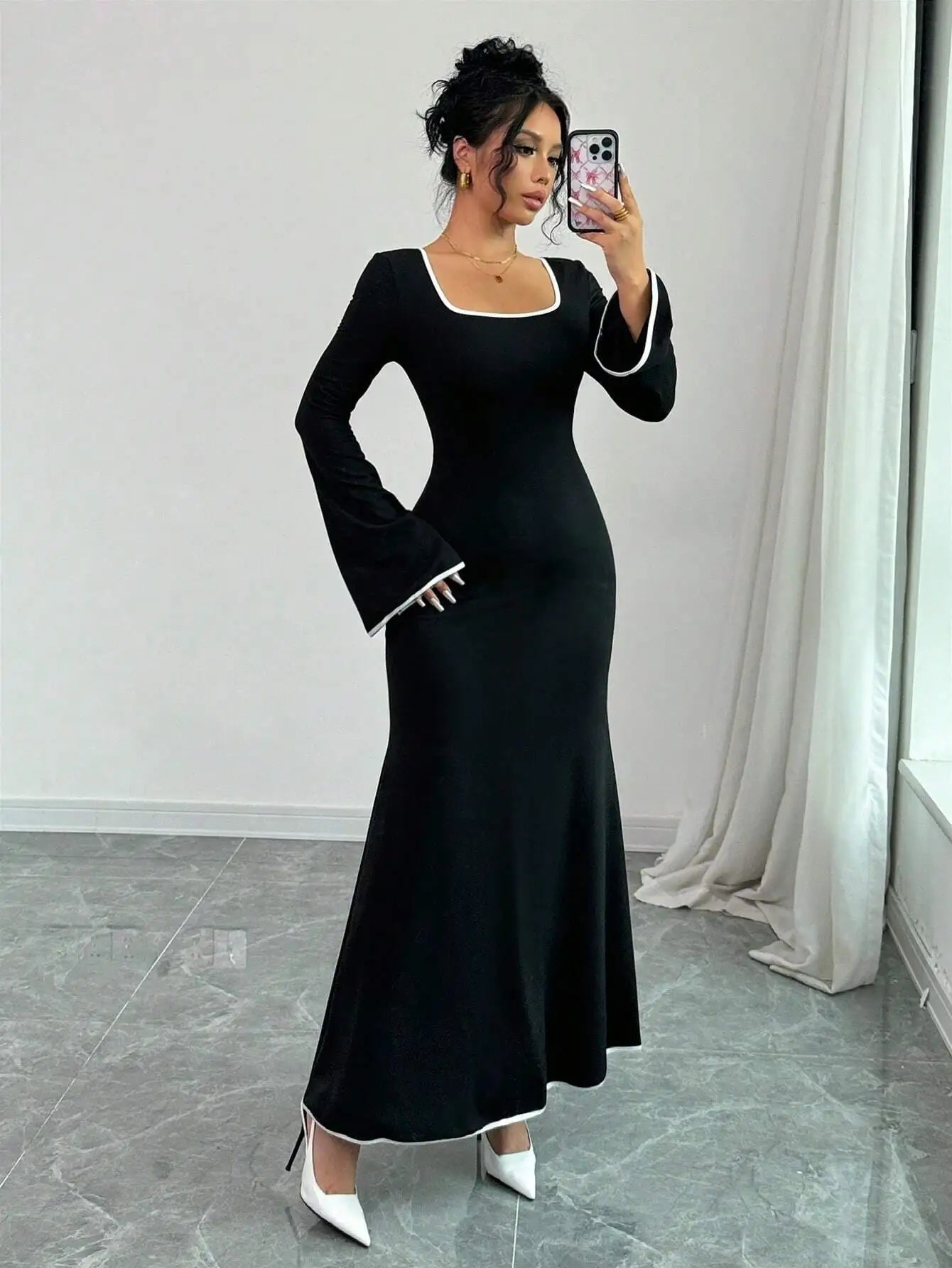 Vestido Elegante con Cuello Cuadrado y Bloques de Color, Estilo Delgado y Femenino, Vestido Casual de Moda para Mujer
