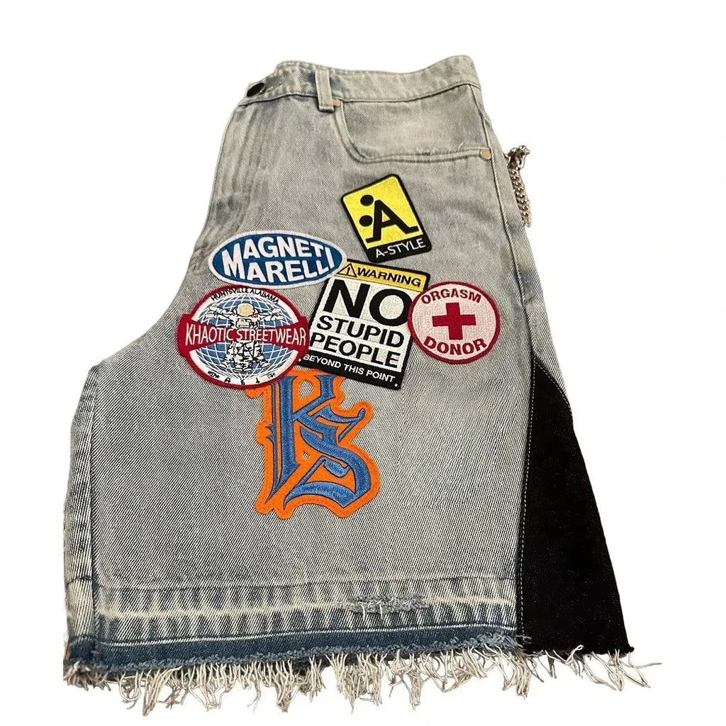 Ropa de calle, pantalones cortos vaqueros holgados de Fitness para hombres y mujeres, pantalones cortos vaqueros con parche gráfico de dibujos animados Harajuku Hip Hop, pantalones cortos góticos Retro azules