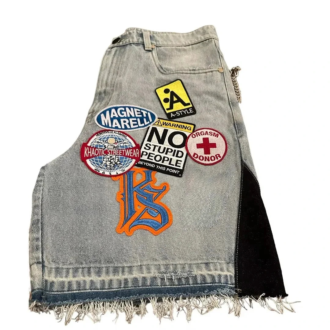 Ropa de calle, pantalones cortos vaqueros holgados de Fitness para hombres y mujeres, pantalones cortos vaqueros con parche gráfico de dibujos animados Harajuku Hip Hop, pantalones cortos góticos Retro azules