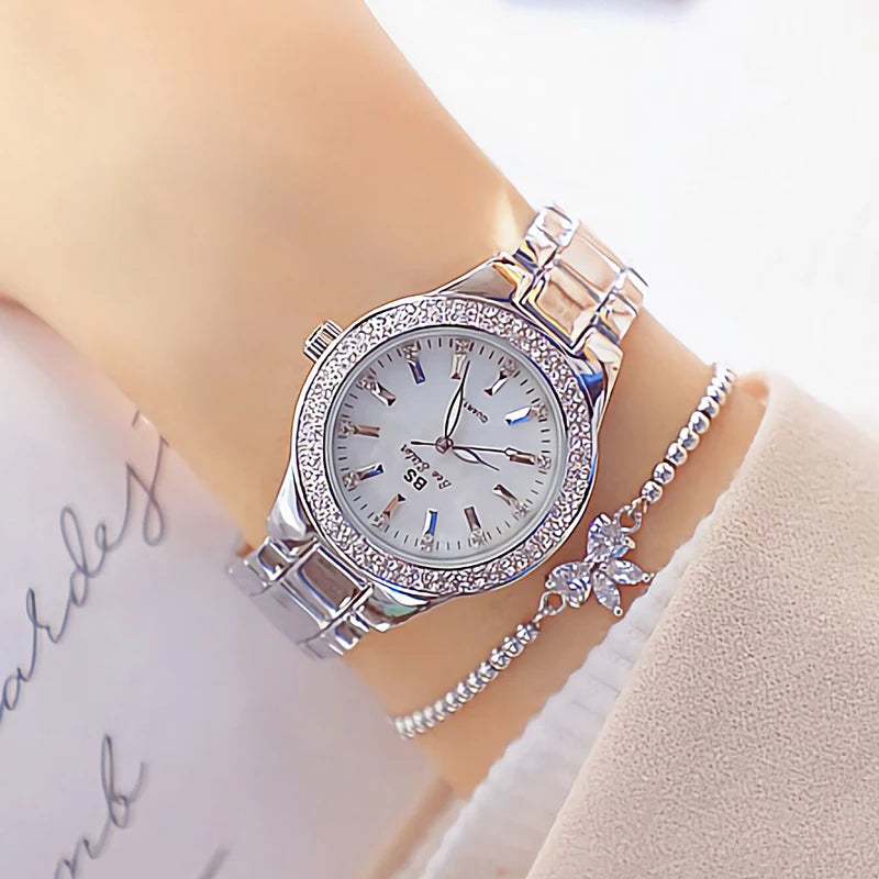 Relojes de pulsera de acero inoxidable para mujer, reloj dorado con diamantes de cristal, plateado