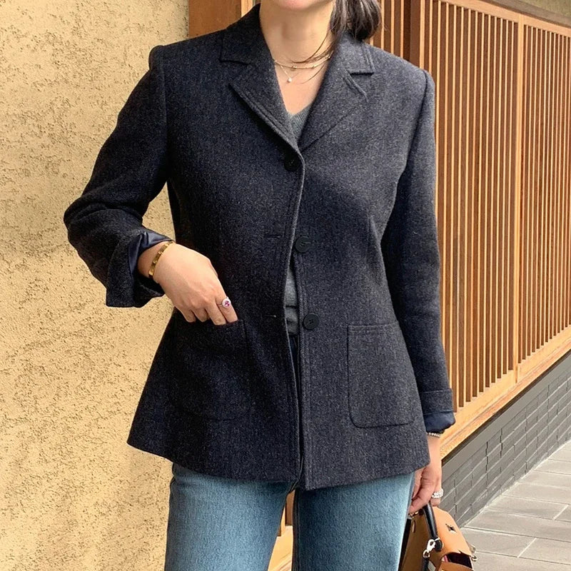 Chaqueta de traje de lana elegante coreano para mujer Otoño e Invierno Slim Fit marrón viajero abrigo de lana de gama alta Blazers ropa de mujer