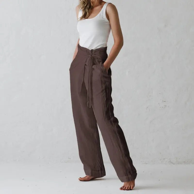 Pantalones informales con bolsillo para mujer, Color sólido, elásticos, con encuadernación, línea de algodón elegante, cintura alta, verano 2024